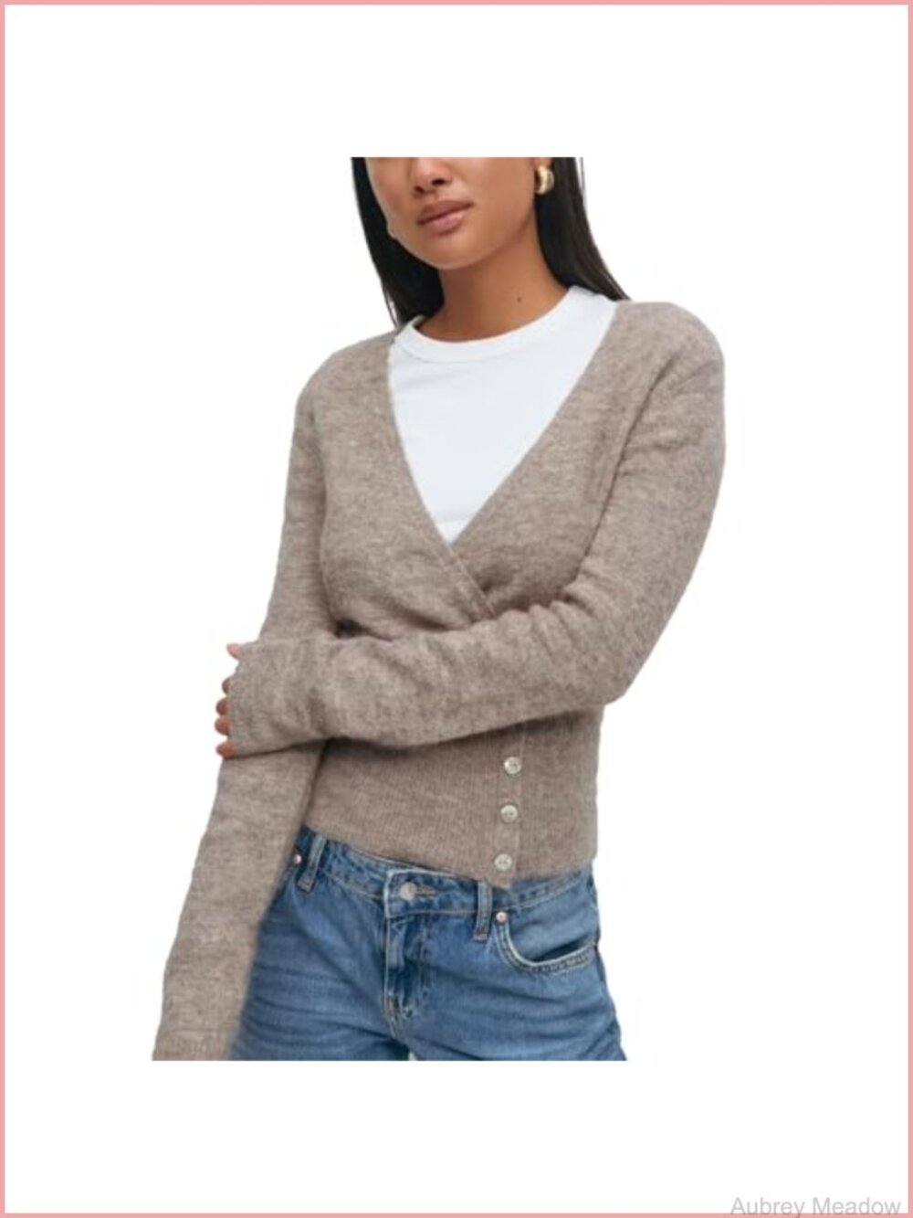 Women V Neck Wrap Sweater Pullover Long Sleeve Side Button Crop Knit Cardigan